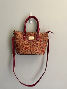 Portuguese Cork Floral Handbag Purse Galo de Barcelos Made in Portugal Burgundy